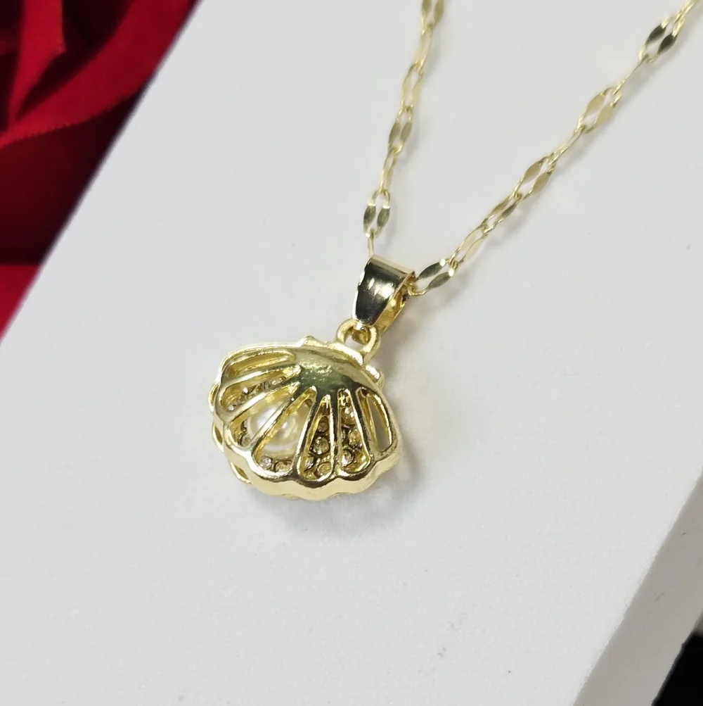 Gold Pearl Shell Pendant Necklace Stainless Steel CZ Crystal Coastal Jewelry